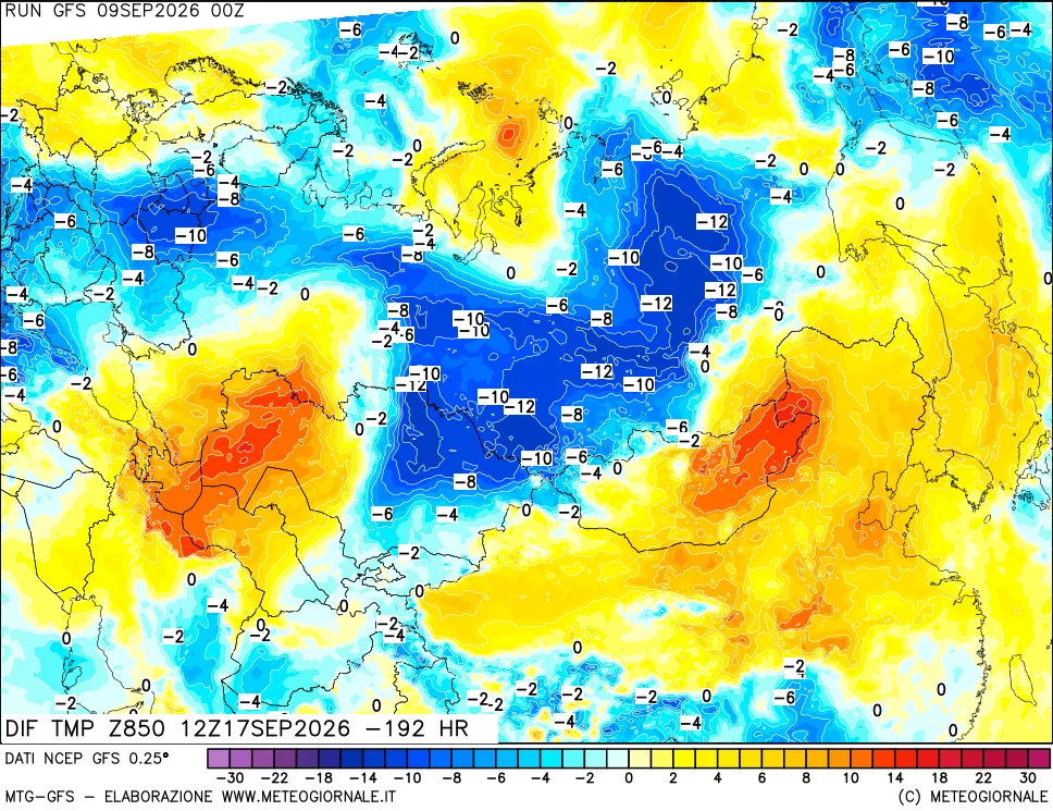 mappa Dif. Temp a 850 hPa Valid - Init