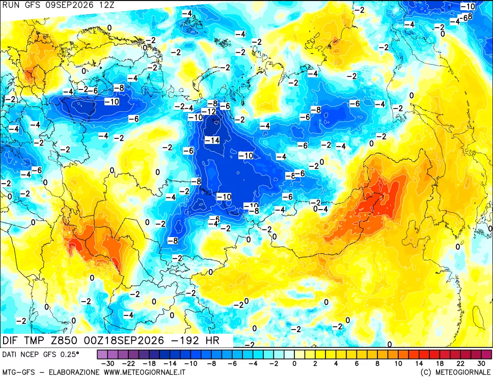 mappa Dif. Temp a 850 hPa Valid - Init