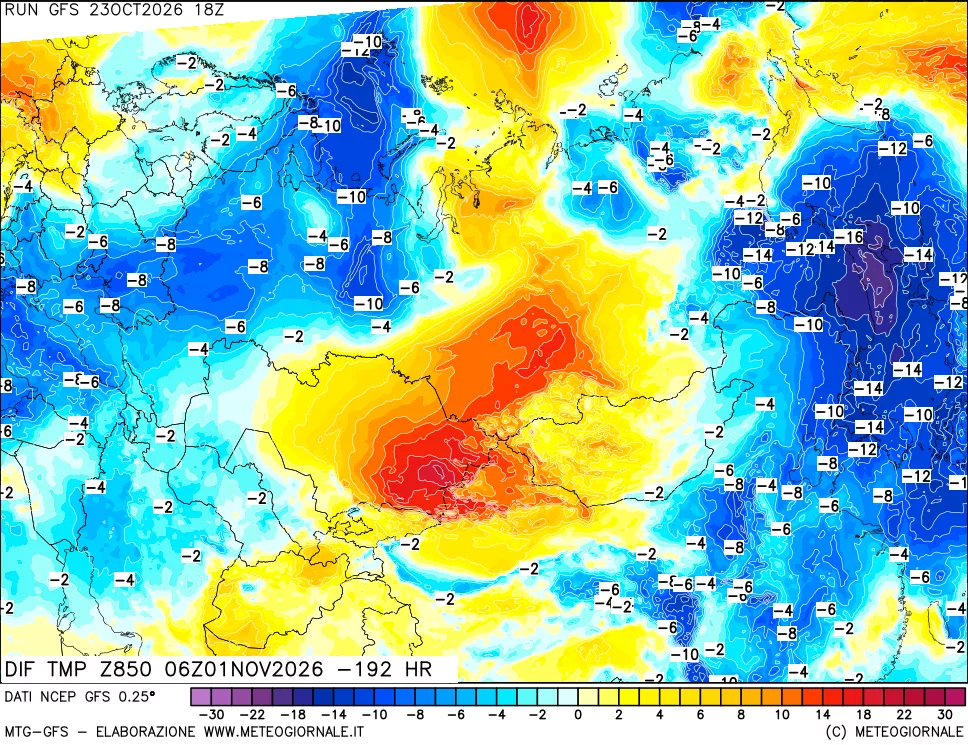 mappa Dif. Temp a 850 hPa Valid - Init