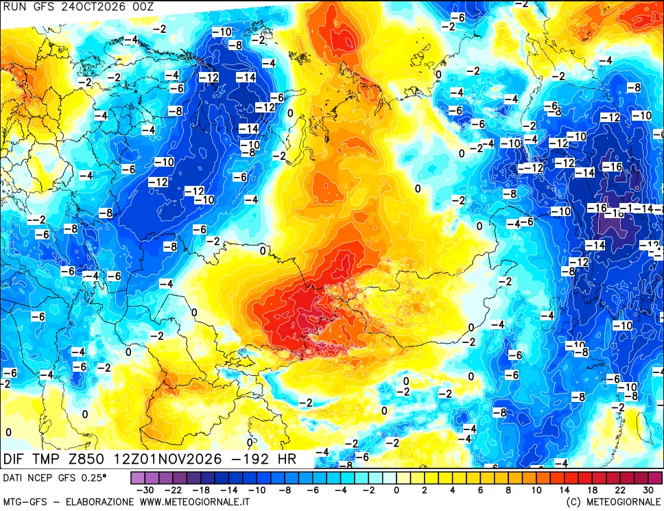 mappa Dif. Temp a 850 hPa Valid - Init