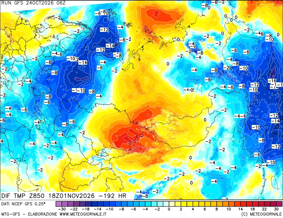 mappa Dif. Temp a 850 hPa Valid - Init