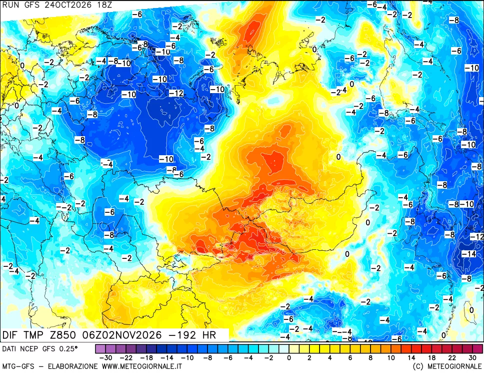 mappa Dif. Temp a 850 hPa Valid - Init