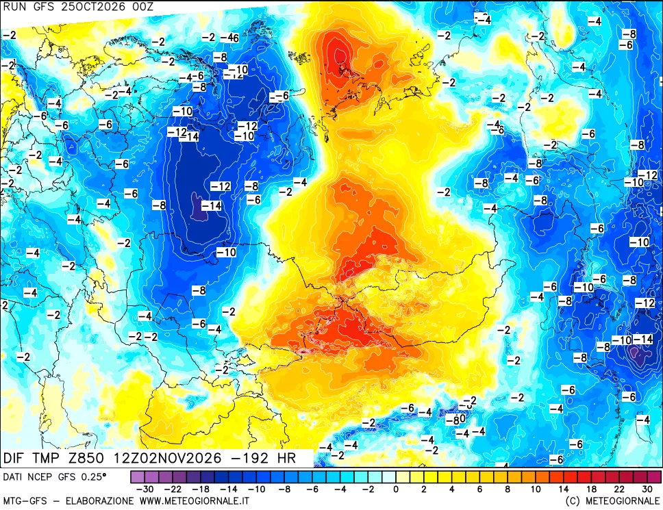 mappa Dif. Temp a 850 hPa Valid - Init