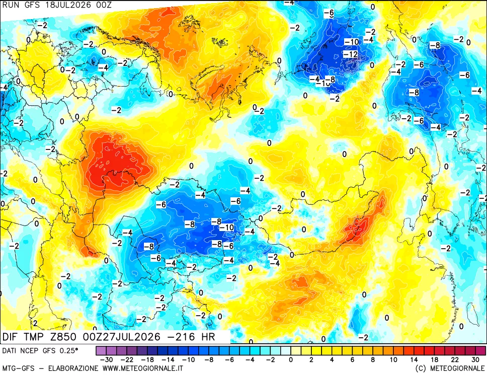 mappa Dif. Temp a 850 hPa Valid - Init