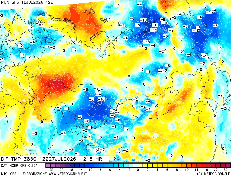 mappa Dif. Temp a 850 hPa Valid - Init