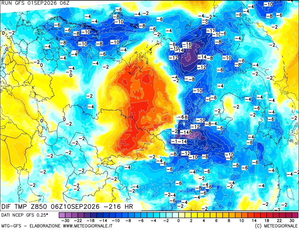 mappa Dif. Temp a 850 hPa Valid - Init