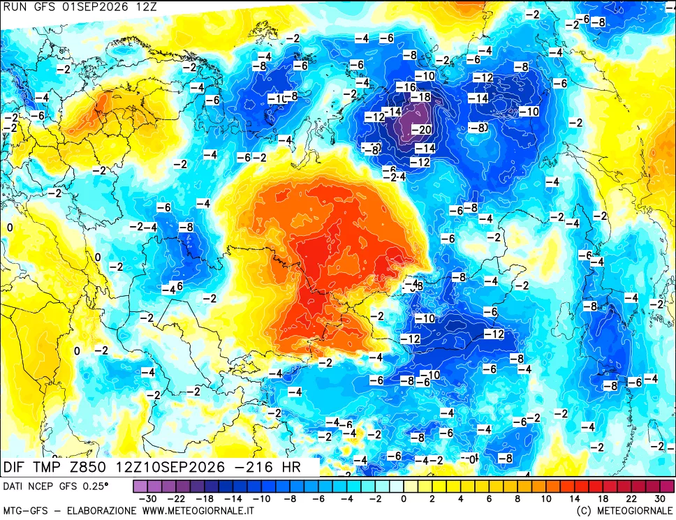 mappa Dif. Temp a 850 hPa Valid - Init