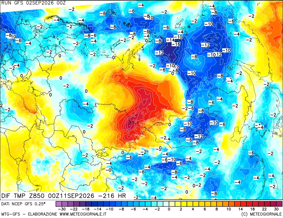 mappa Dif. Temp a 850 hPa Valid - Init