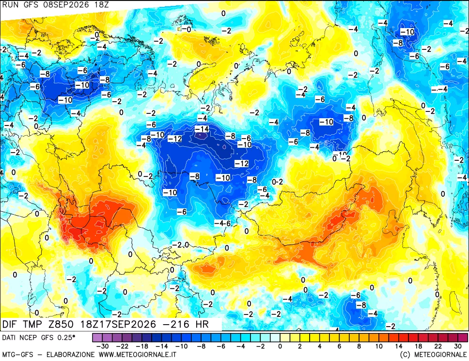mappa Dif. Temp a 850 hPa Valid - Init