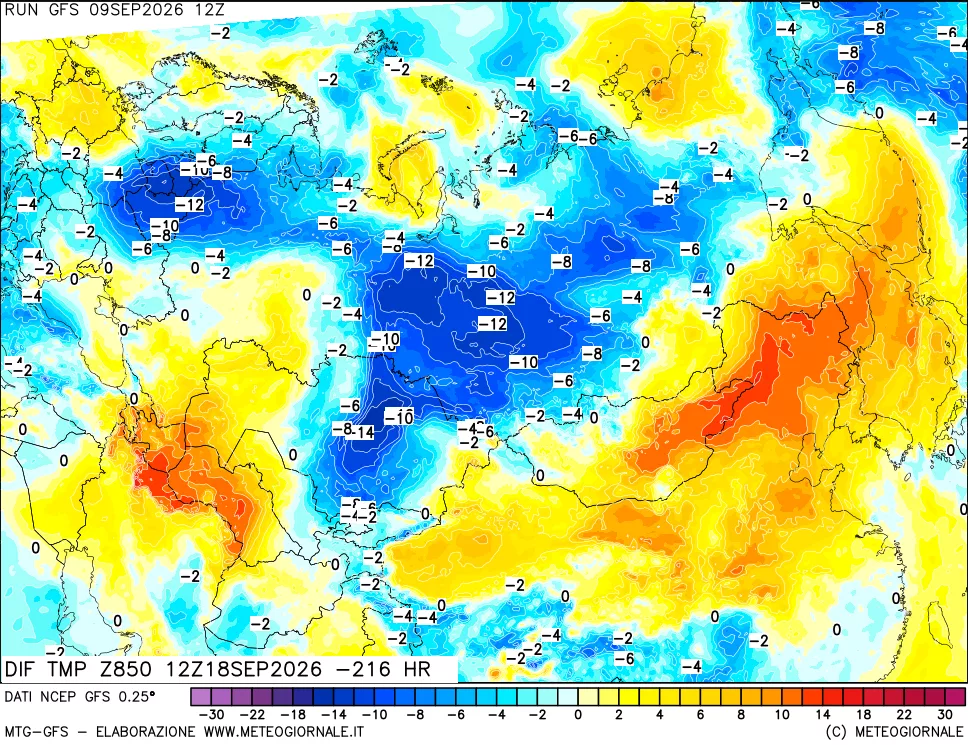 mappa Dif. Temp a 850 hPa Valid - Init