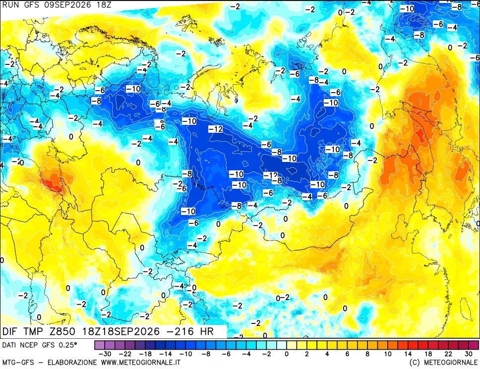 mappa Dif. Temp a 850 hPa Valid - Init