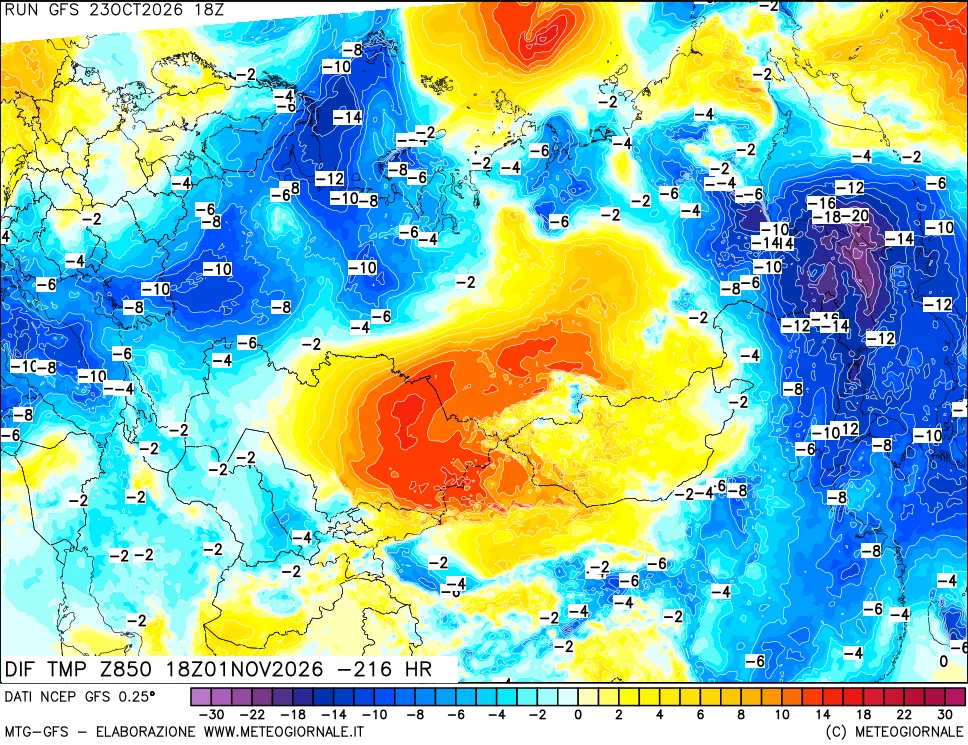 mappa Dif. Temp a 850 hPa Valid - Init