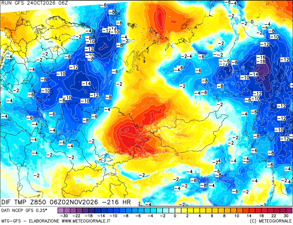 mappa Dif. Temp a 850 hPa Valid - Init