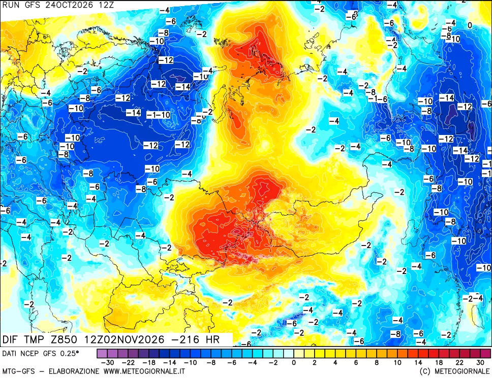 mappa Dif. Temp a 850 hPa Valid - Init