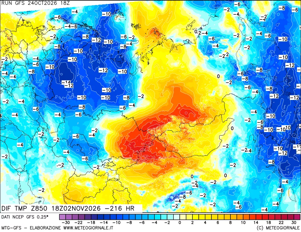 mappa Dif. Temp a 850 hPa Valid - Init