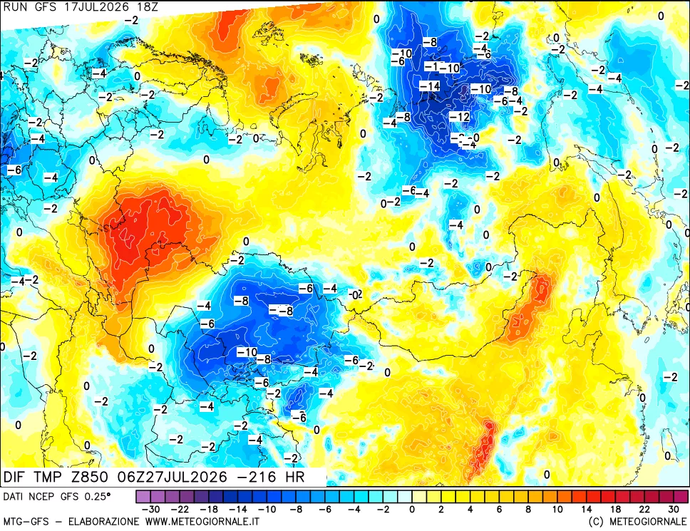 mappa Dif. Temp a 850 hPa Valid - Init