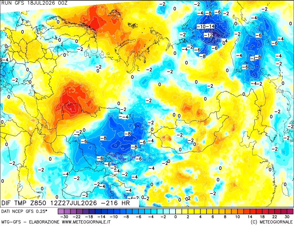 mappa Dif. Temp a 850 hPa Valid - Init