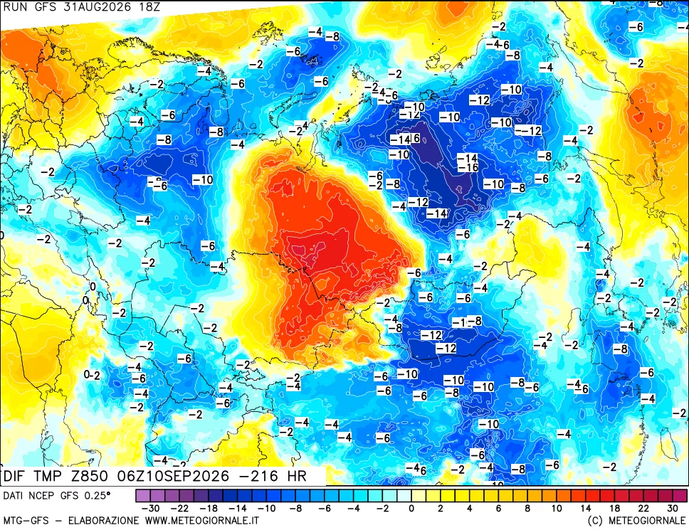 mappa Dif. Temp a 850 hPa Valid - Init