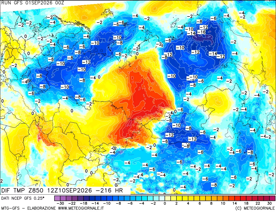 mappa Dif. Temp a 850 hPa Valid - Init