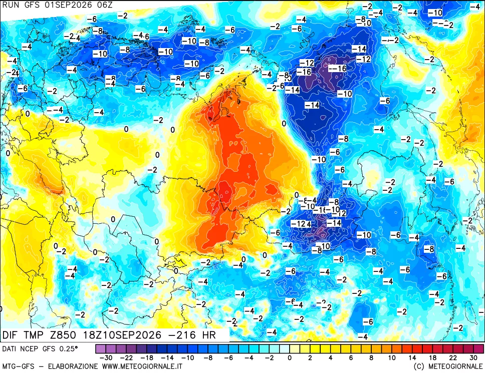 mappa Dif. Temp a 850 hPa Valid - Init