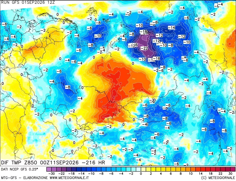 mappa Dif. Temp a 850 hPa Valid - Init