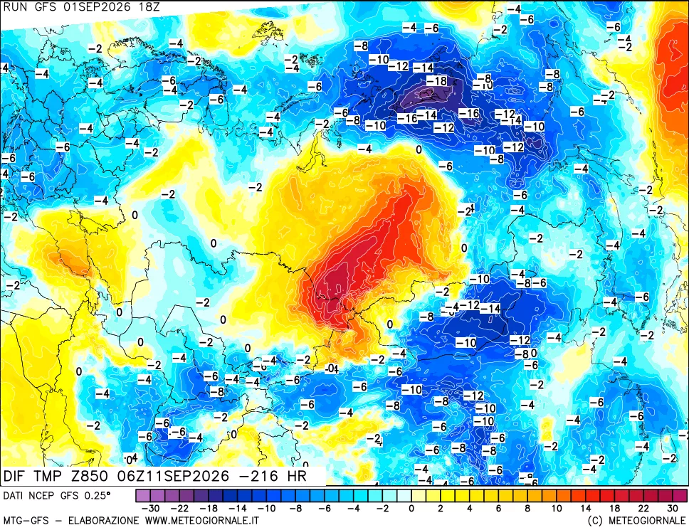 mappa Dif. Temp a 850 hPa Valid - Init