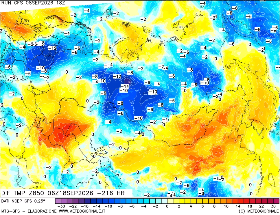 mappa Dif. Temp a 850 hPa Valid - Init