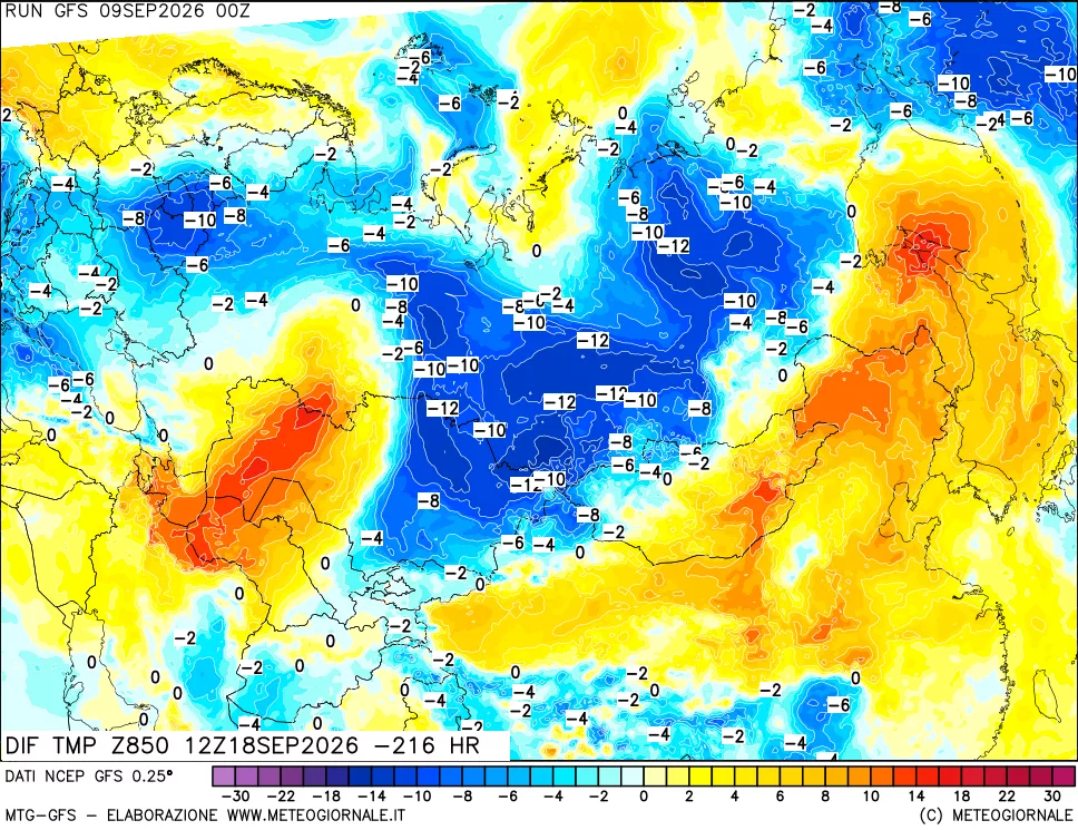 mappa Dif. Temp a 850 hPa Valid - Init