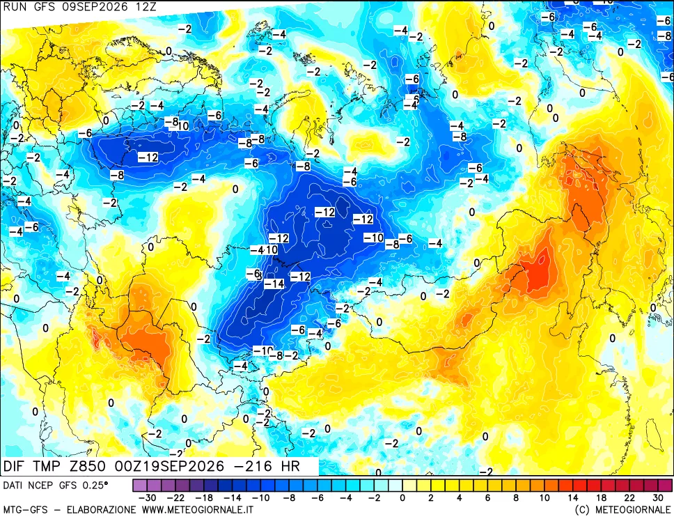 mappa Dif. Temp a 850 hPa Valid - Init