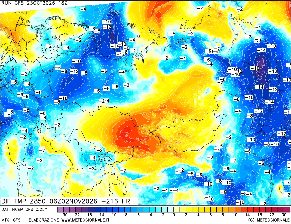 mappa Dif. Temp a 850 hPa Valid - Init