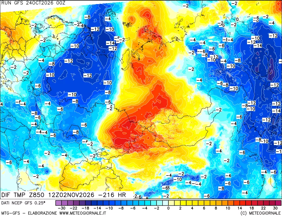 mappa Dif. Temp a 850 hPa Valid - Init