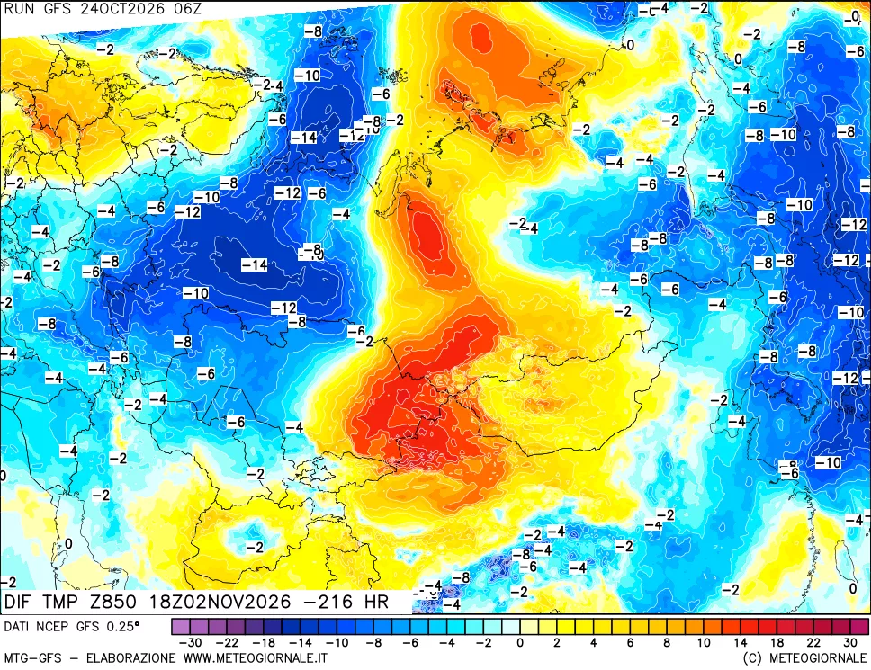 mappa Dif. Temp a 850 hPa Valid - Init