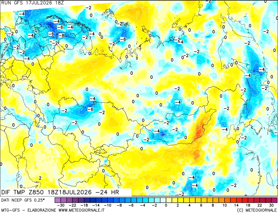 mappa Dif. Temp a 850 hPa Valid - Init