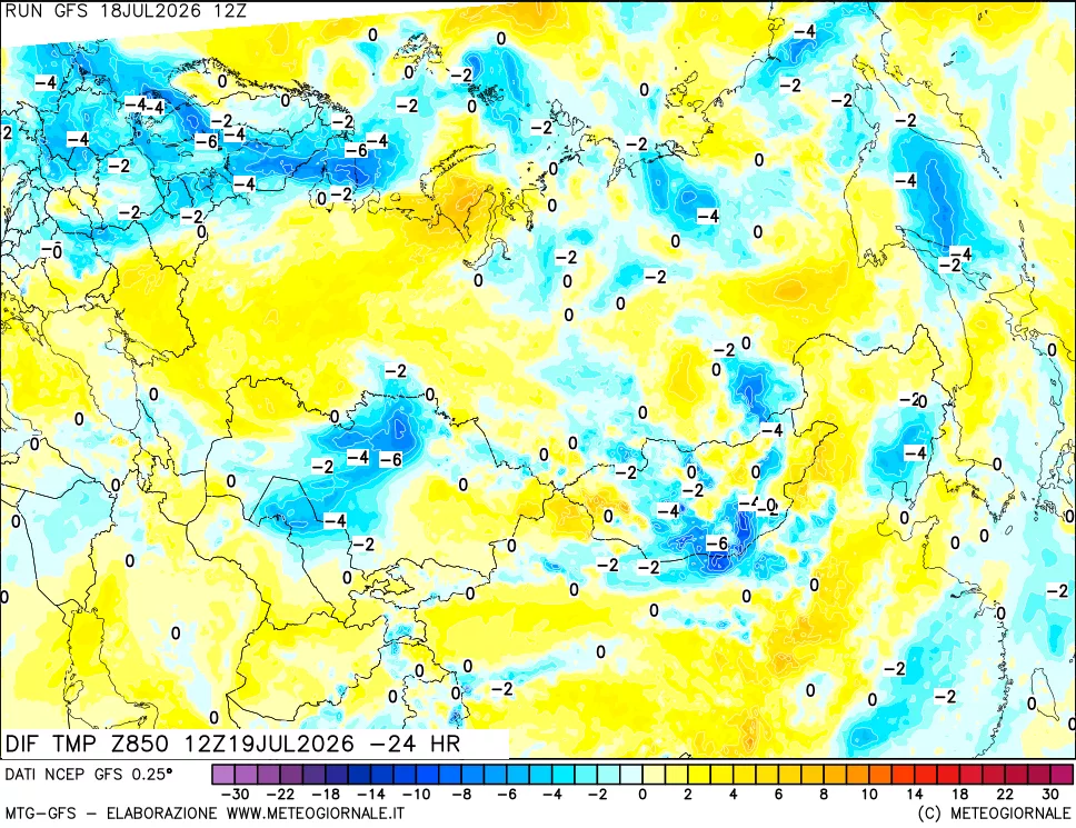 mappa Dif. Temp a 850 hPa Valid - Init