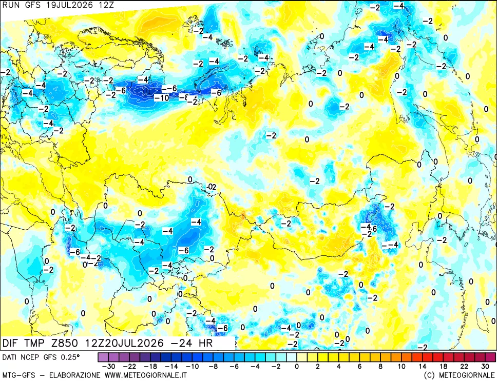 mappa Dif. Temp a 850 hPa Valid - Init