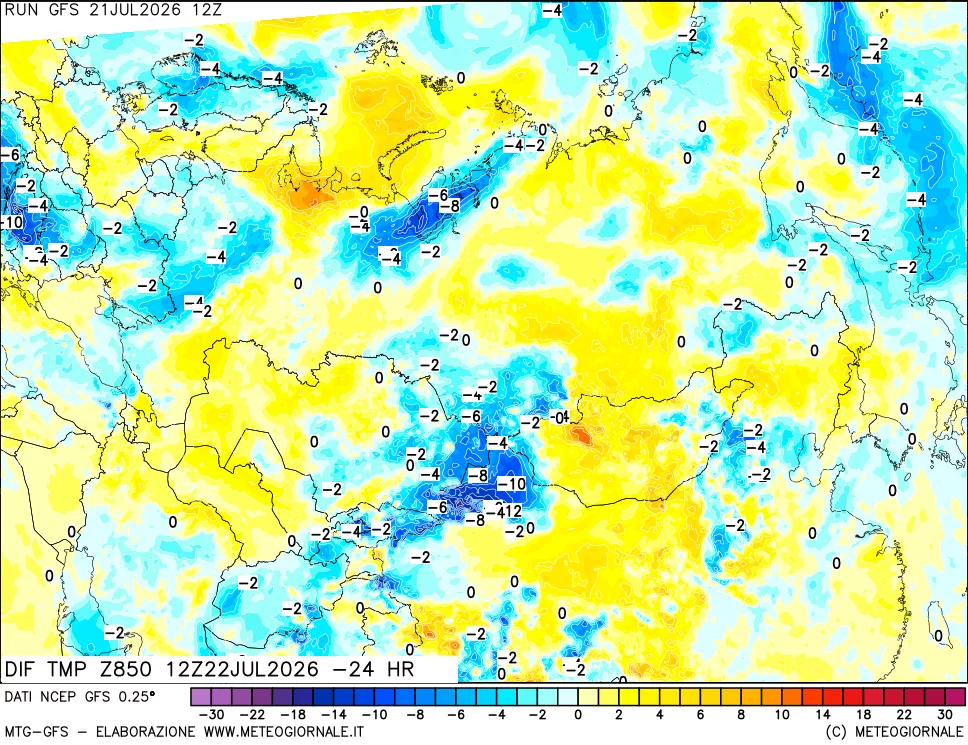 mappa Dif. Temp a 850 hPa Valid - Init