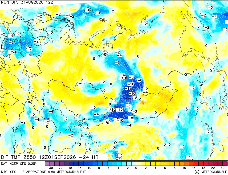 mappa Dif. Temp a 850 hPa Valid - Init