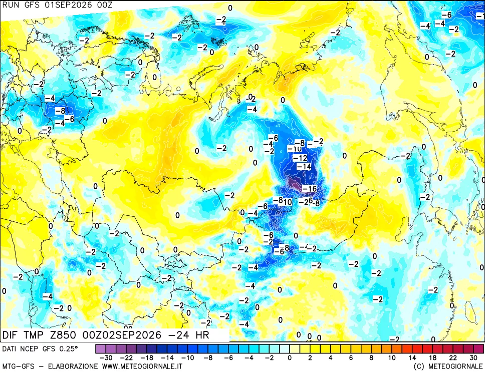 mappa Dif. Temp a 850 hPa Valid - Init