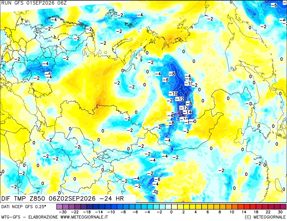 mappa Dif. Temp a 850 hPa Valid - Init