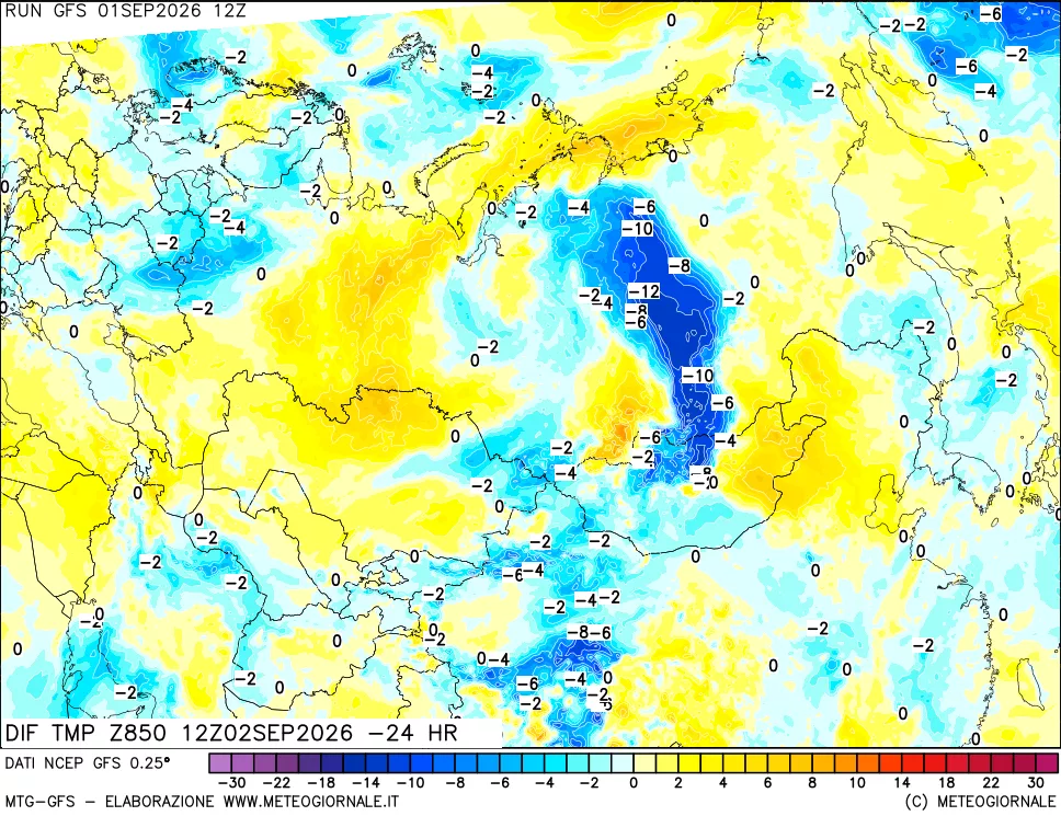 mappa Dif. Temp a 850 hPa Valid - Init