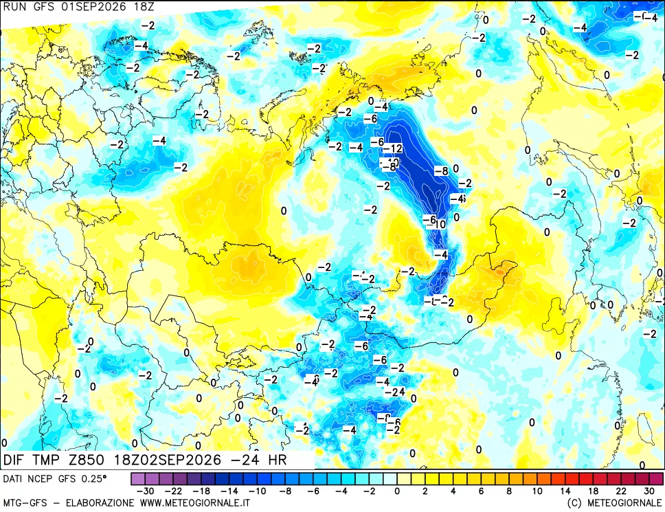 mappa Dif. Temp a 850 hPa Valid - Init