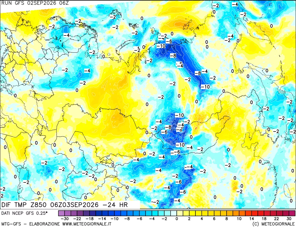mappa Dif. Temp a 850 hPa Valid - Init