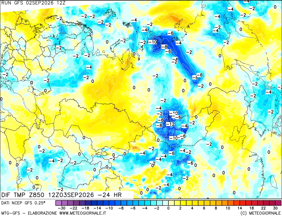 mappa Dif. Temp a 850 hPa Valid - Init