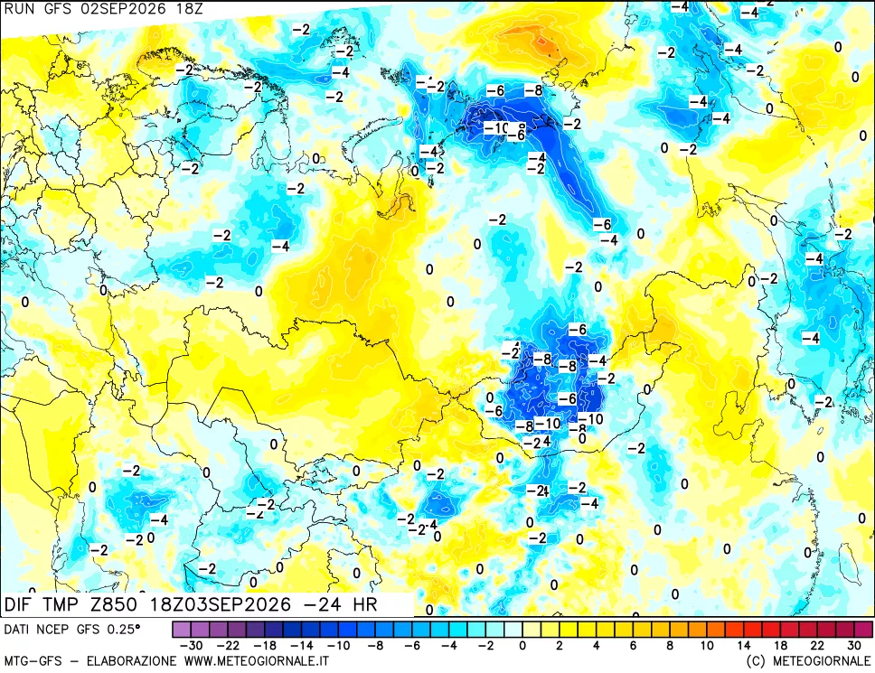 mappa Dif. Temp a 850 hPa Valid - Init