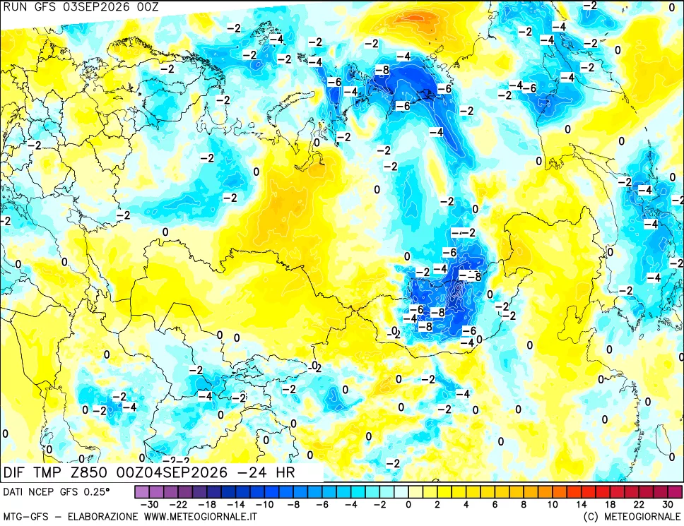 mappa Dif. Temp a 850 hPa Valid - Init