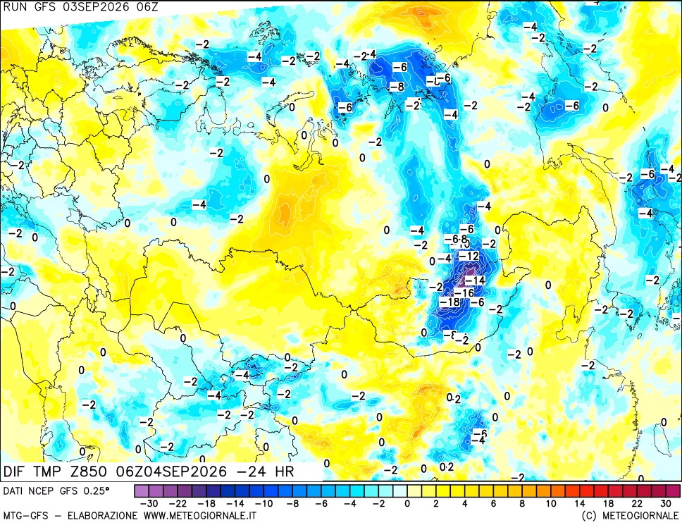 mappa Dif. Temp a 850 hPa Valid - Init