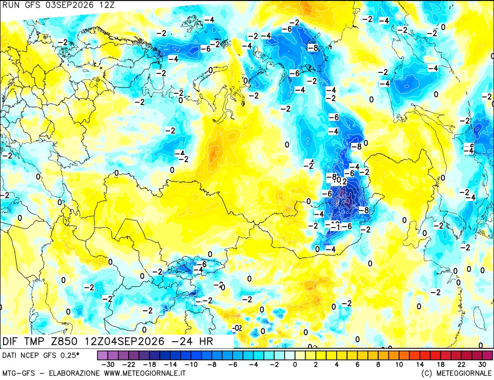 mappa Dif. Temp a 850 hPa Valid - Init