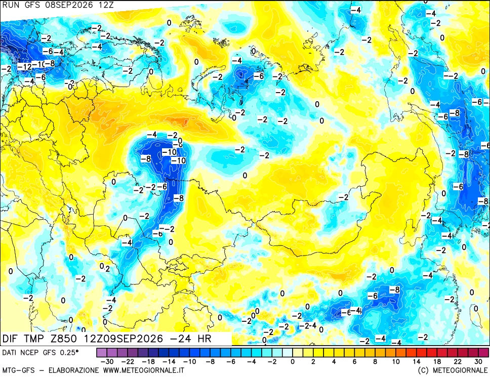 mappa Dif. Temp a 850 hPa Valid - Init
