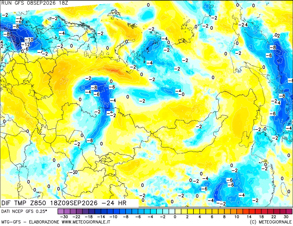 mappa Dif. Temp a 850 hPa Valid - Init