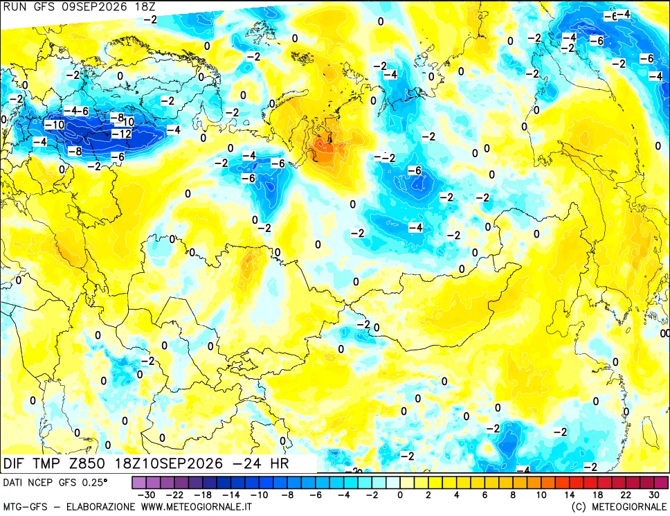 mappa Dif. Temp a 850 hPa Valid - Init